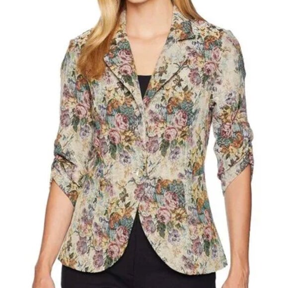 Karen Kane Floral Tapestry One Button Blazer with Ruched Sleeves - Picture 11 of 12